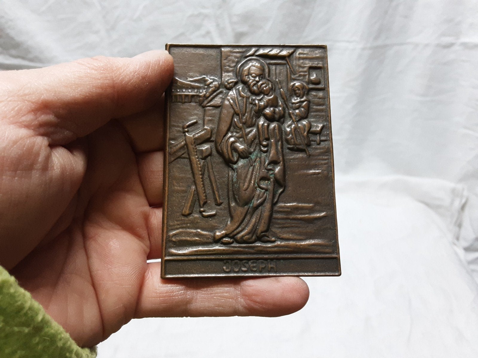 Antieke bronzen plaquette Jozef met kindje Jezus, Antiek en Kunst, Ophalen of Verzenden