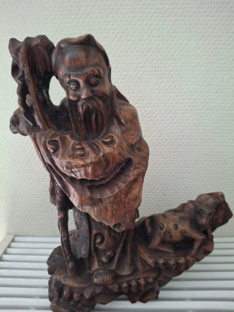 Antieke houten sculptuur van Shao Lao met geit, Ophalen of Verzenden