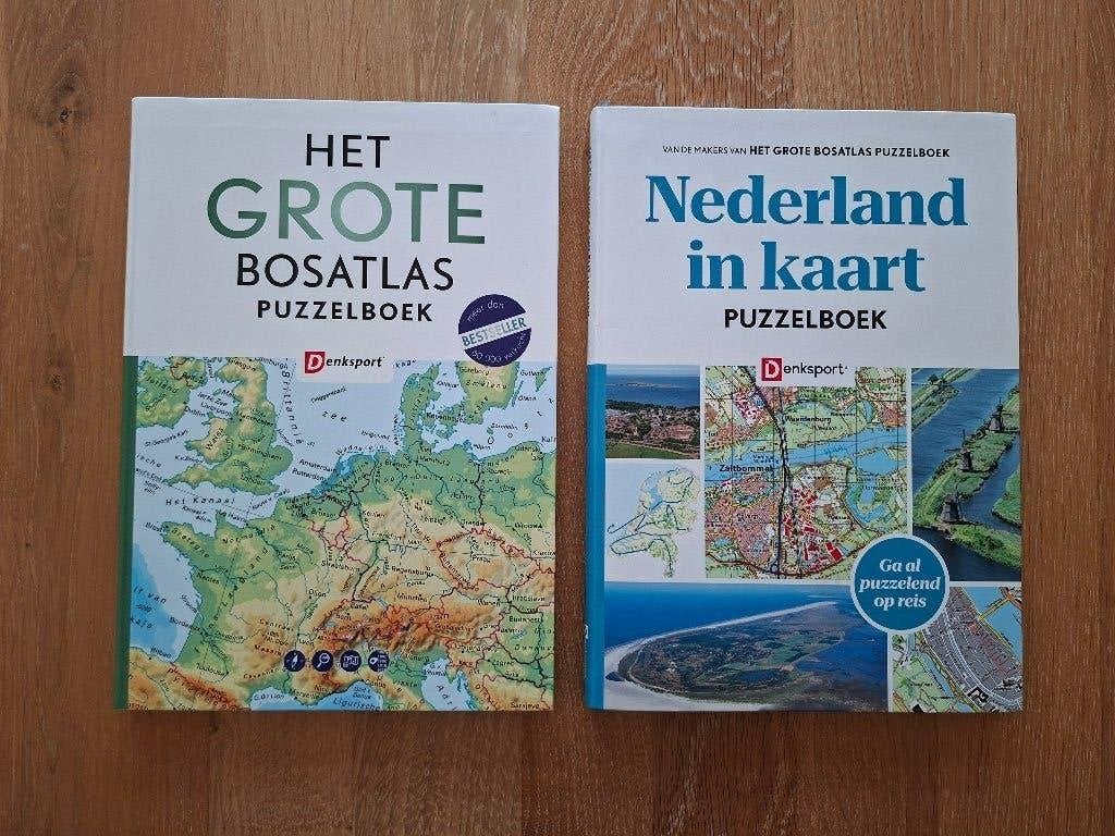 2 x puzzelboek Denksport Grote Bosatlas Nederland in kaart, Ophalen, Minder dan 500 stukjes, Zo goed als nieuw