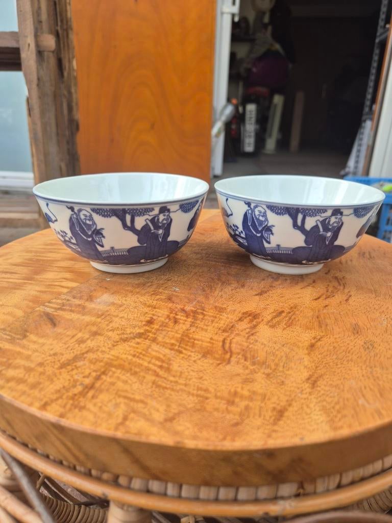 Chinees blauw wit porseleinen kom Fu Lu Shou decor, Ophalen of Verzenden