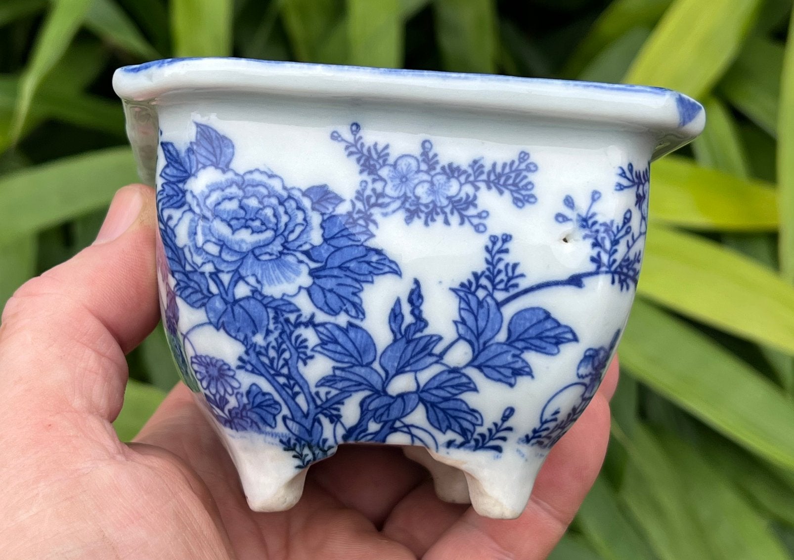 Bonsai pot handgemaakt blauw gedecoreerd 10,5x10,4x7,5, Vierkant, Ophalen of Verzenden, Zo goed als nieuw, Aardewerk