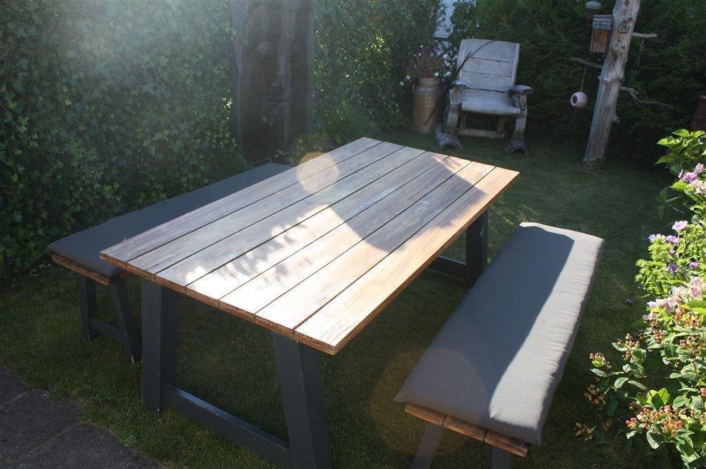 Teak houten tuinset – tafel met 2 teak bankjes + kussens, Ophalen, Gebruikt, Teakhout