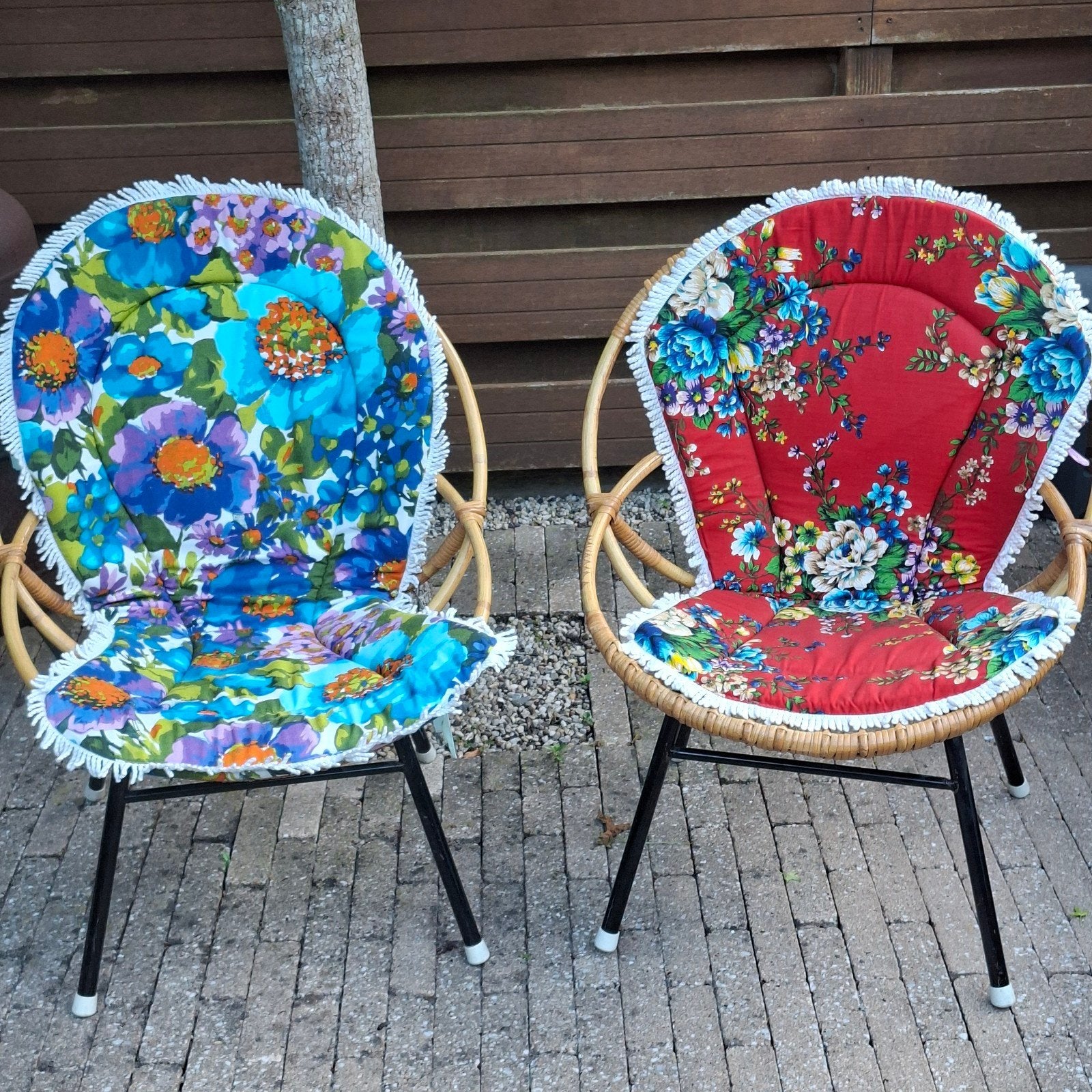 Set van 2 retro vintage rotan kuipstoeltjes, Ophalen, Gebruikt, Bruin, Twee