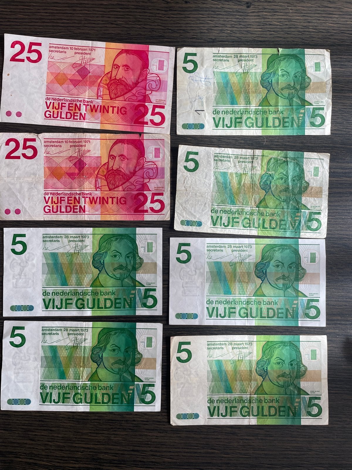 Nederlandse Guldens: 2x 25 gulden en 6x 5 gulden biljetten, Postzegels en Munten, Ophalen of Verzenden, 25 gulden, Setje