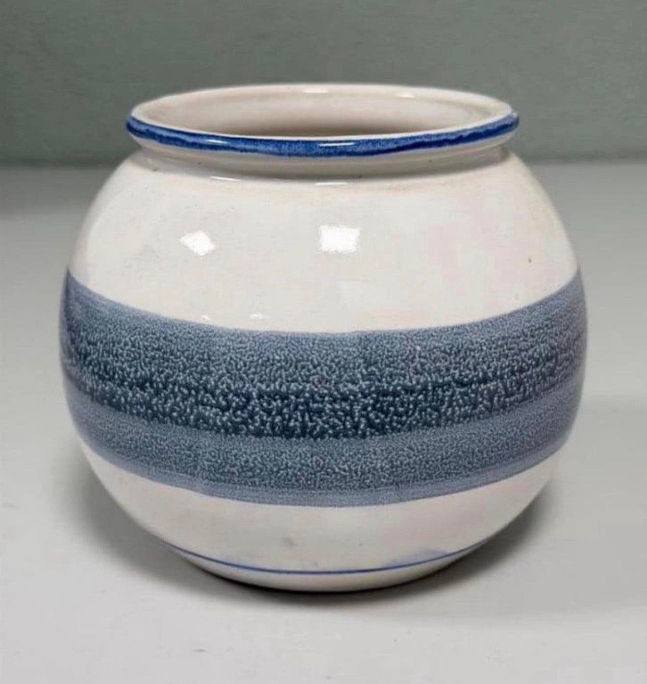 Keramische vintage ronde bloempot schaal wit blauw rond 15cm, Ophalen of Verzenden