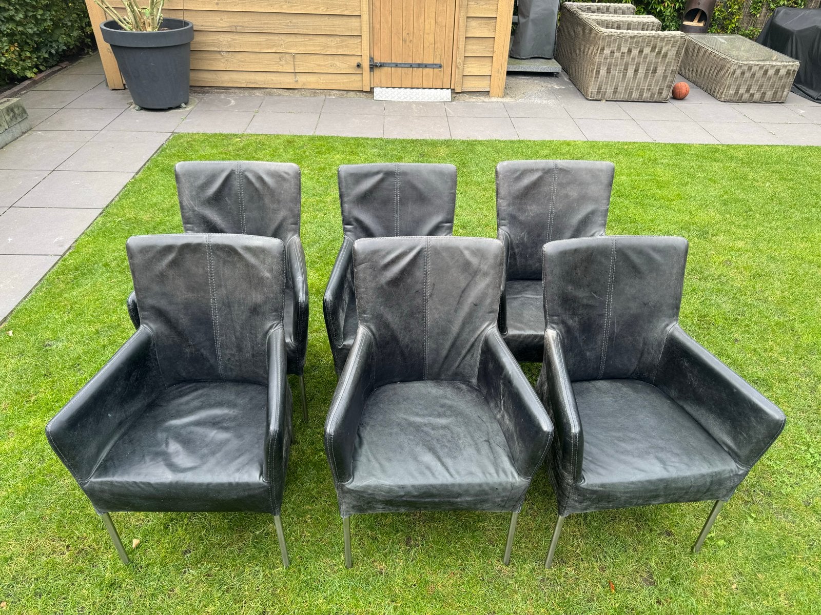 6 leren eetkamerstoelen, Huis en Inrichting, Ophalen, Gebruikt, Zwart, Leer