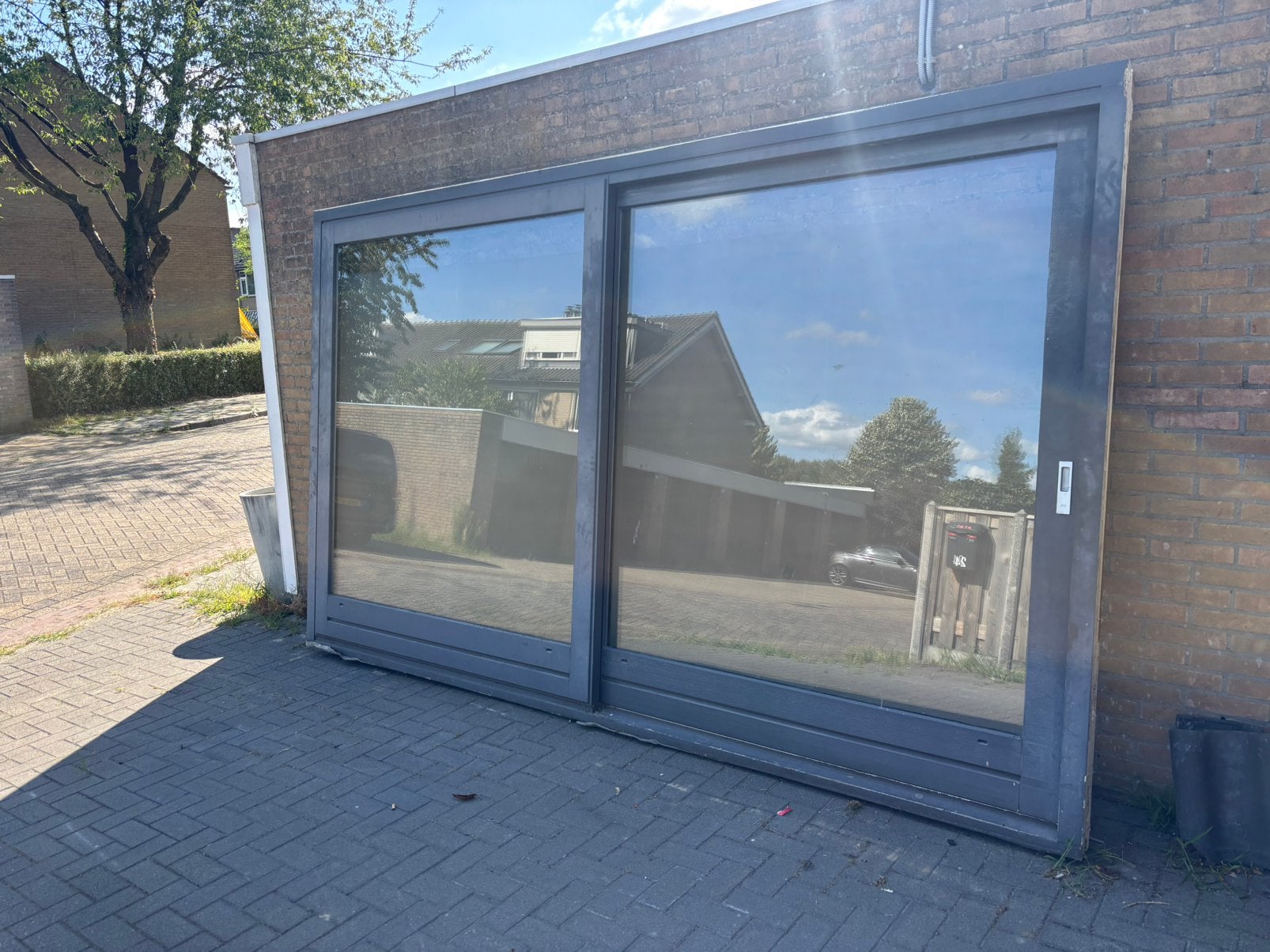 Hardhouten schuifpui dubbel glas, Ophalen, Gebruikt, 225 cm of meer, 150 tot 225 cm