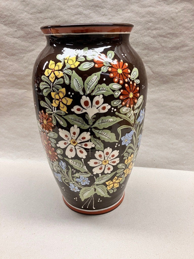 Grote handgedraaide Deense ateliervaas bloemendecor 39 cm, Verzenden