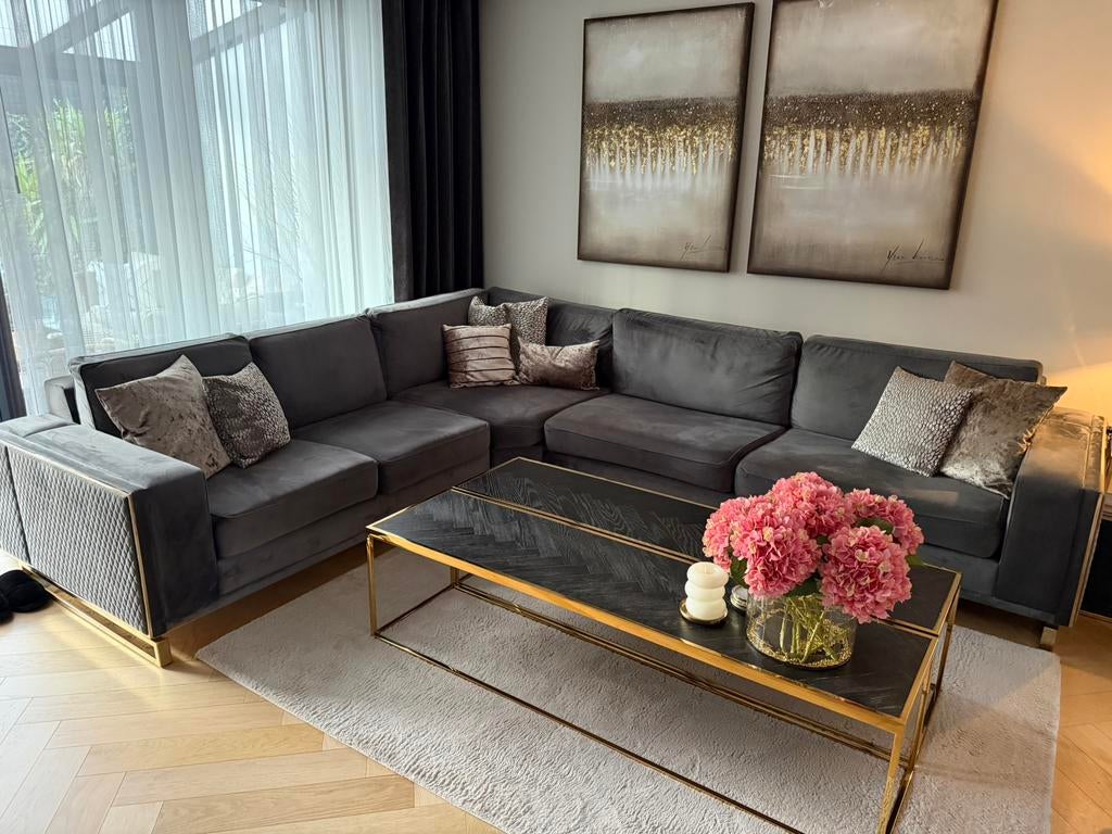 Luxe velvet hoekbank antraciet met gouden details, Ophalen, Zo goed als nieuw, Stof