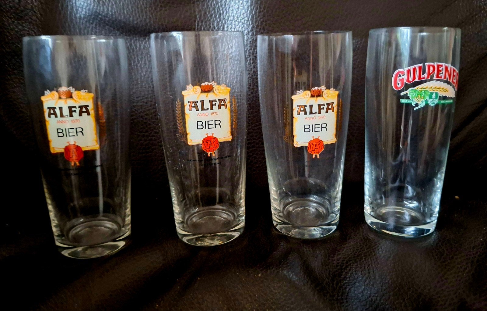 Bierglazen: 3x Alfa Bier, 1x Gulpener Bier, Ophalen of Verzenden, Gebruikt, Bierglas