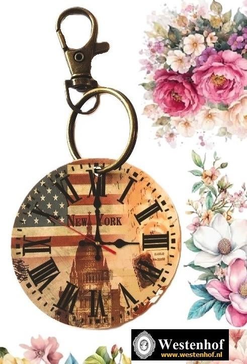 Sleutelhanger New York vintage klok hout rond - metaal brons, Verzamelen, Sleutelhangers, Nieuw, Verzenden