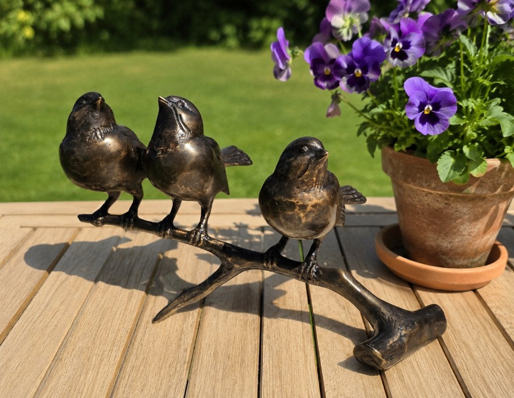 3 VOGELS OP TAK / BRONZEN TUINBEELD / MUSSEN, Dierenbeeld, Nieuw, Info@huisentuindecoratiemarie.nl, Huis en tuin decoratie marie