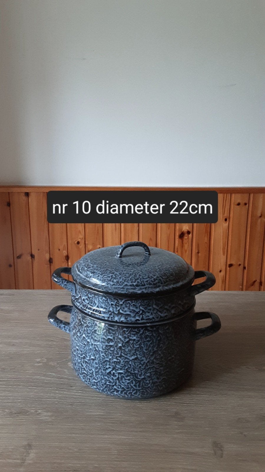 EMAILLE GRIJSGEWOLKTE STOOMPAN DIAMETER 22CM., Antiek en Kunst, Antiek | Emaille, Ophalen of Verzenden