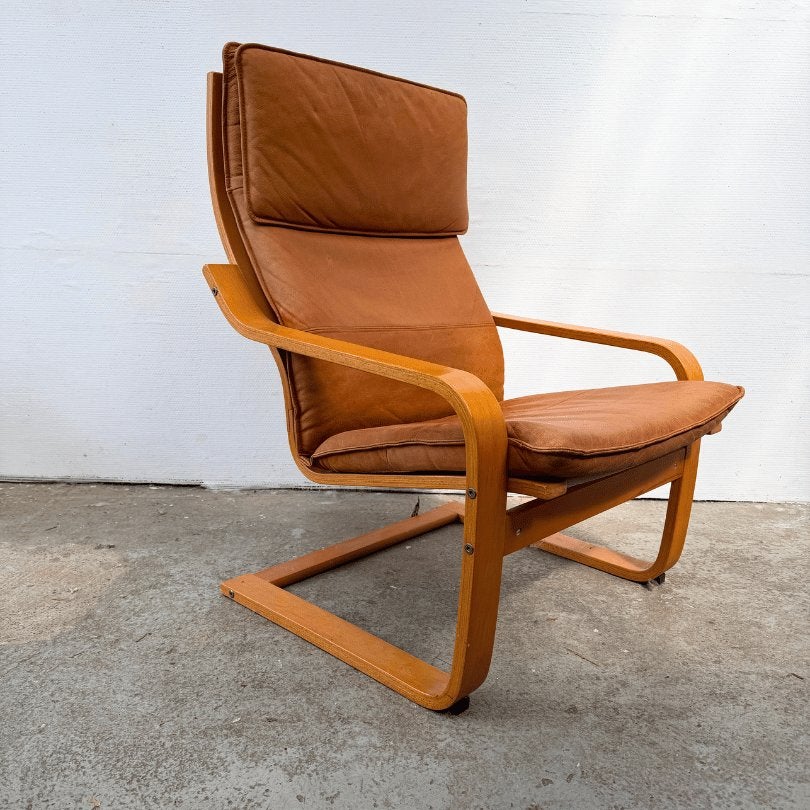 Vintage fauteuil met leren zitting - POÄNG – IKEA klassieker, Huis en Inrichting, Ophalen, Gebruikt, Amsterdam, Vintage, japandi, skandi