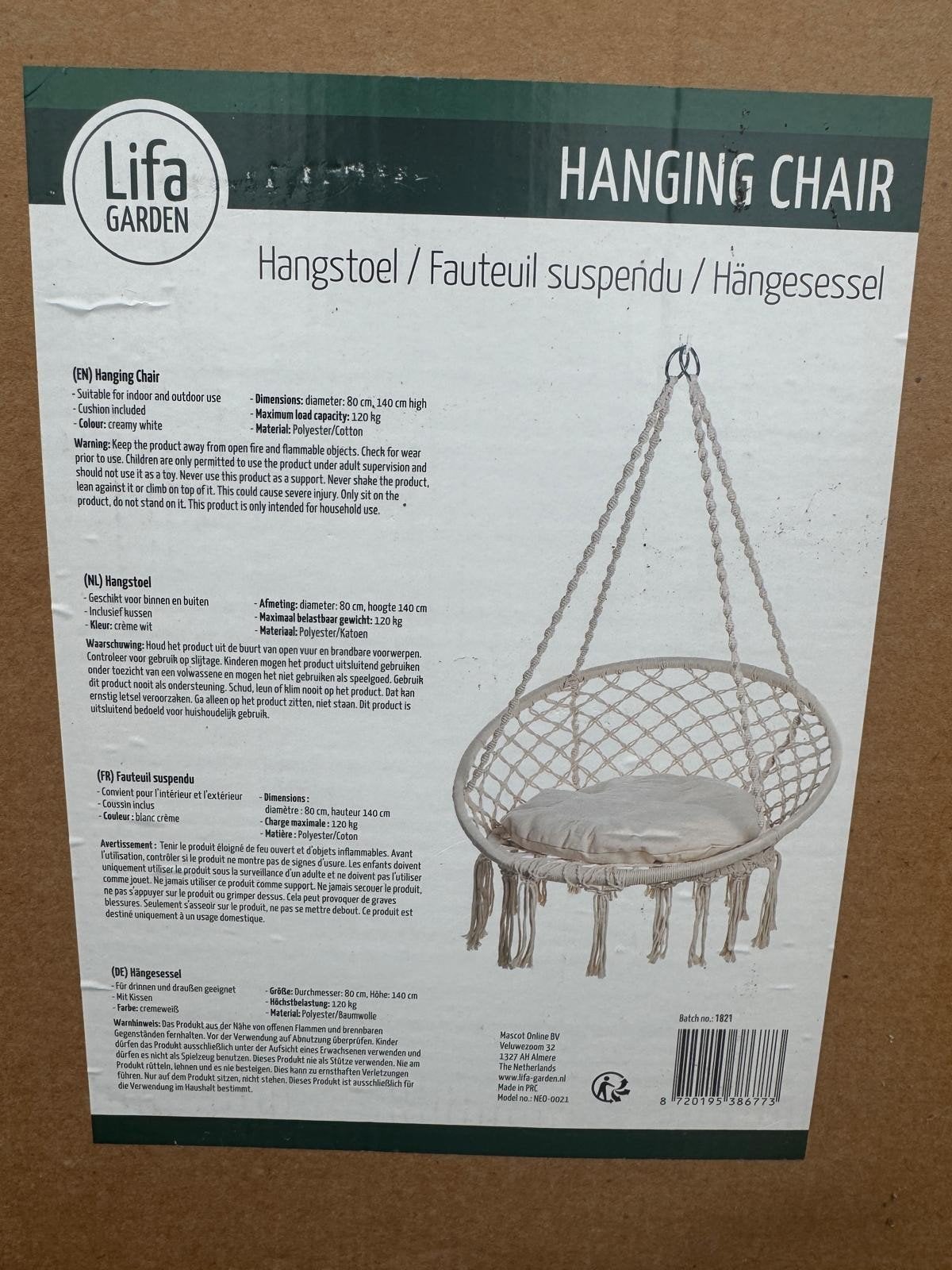Nieuwe witte hangstoel in doos - nooit gebruikt, Ophalen, Wit, Nieuw, Eén
