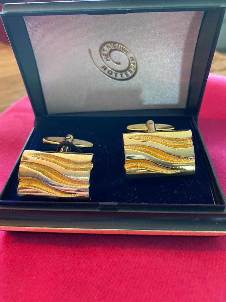 Rotterdamse Manchetknopen - Goudkleurig met Golfpatroon, Sieraden, Tassen en Uiterlijk, Manchetknopen, Verzenden, Zo goed als nieuw