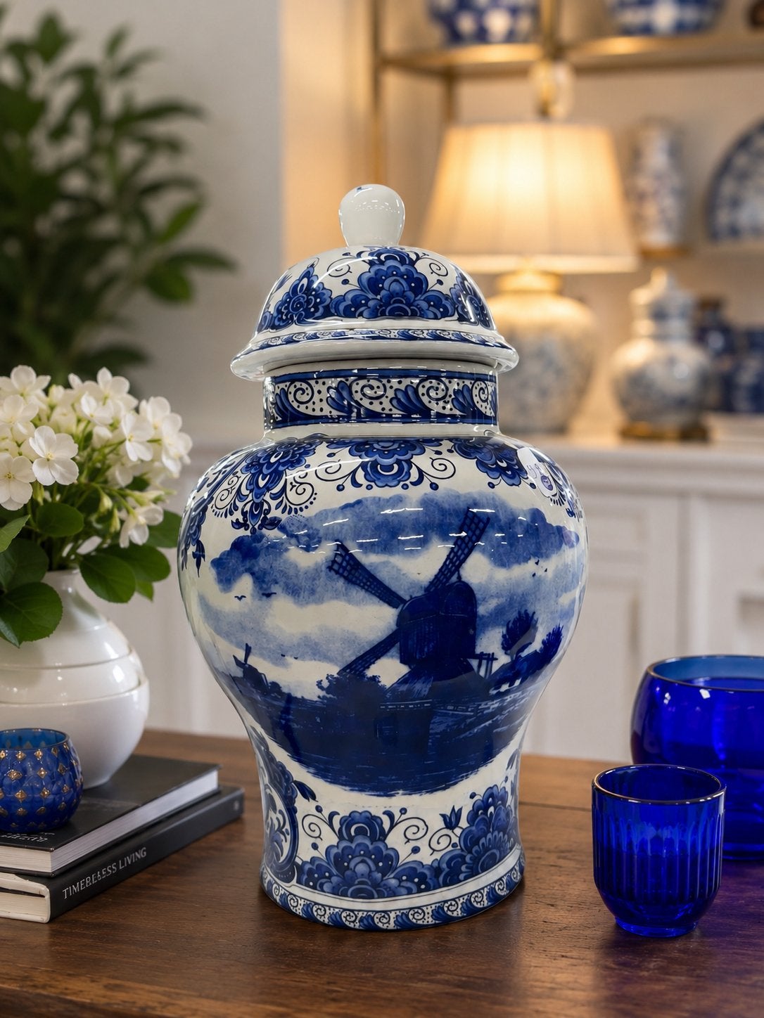 Delfts Blauwe Gemberpot met Molenlandschap, Ophalen of Verzenden