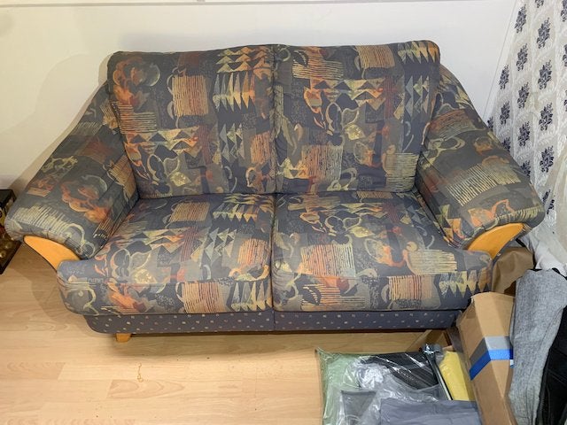 Retro 2-zits bankje met uniek patroon, Ophalen, Hout, Gebruikt, 150 tot 200 cm