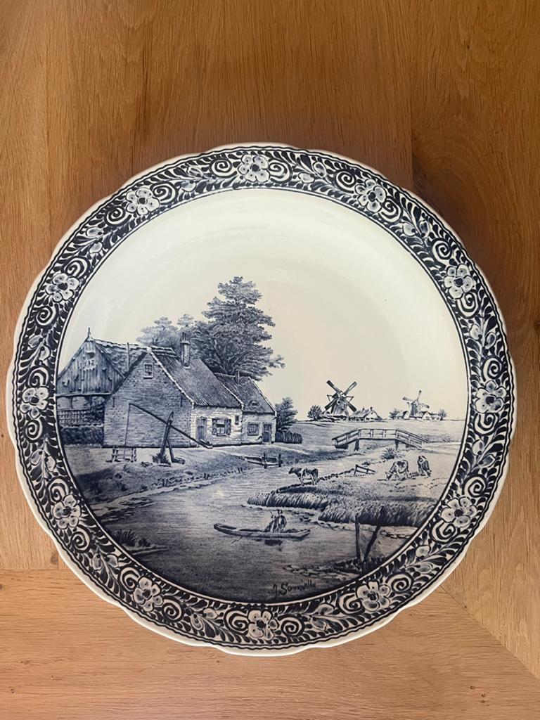Grote Boch Frères Delfts Blauw Schaal met Hollands Landschap, Ophalen