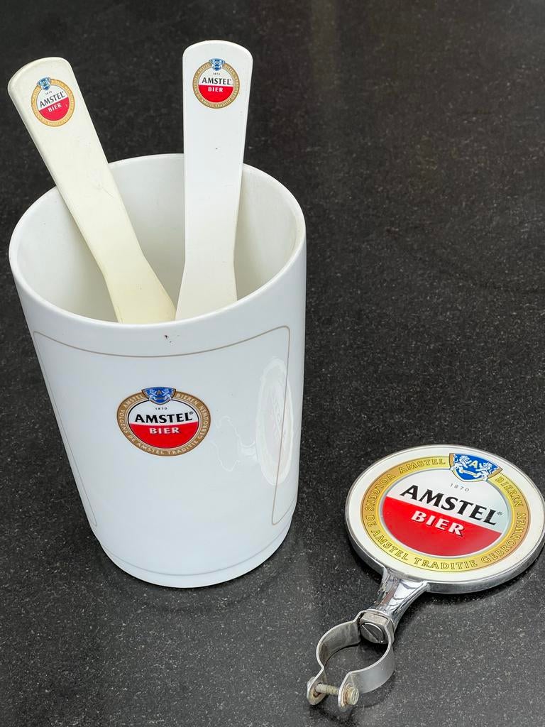 Amstel Bier set: Roerstaafjes, houder en biertap hendel, Verzamelen, Biermerken, Ophalen of Verzenden, Gebruikt, Overige typen