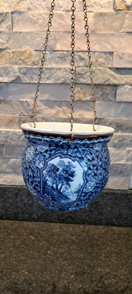Antieke Delfts Blauwe Hangpot met Kettingen, Ophalen of Verzenden