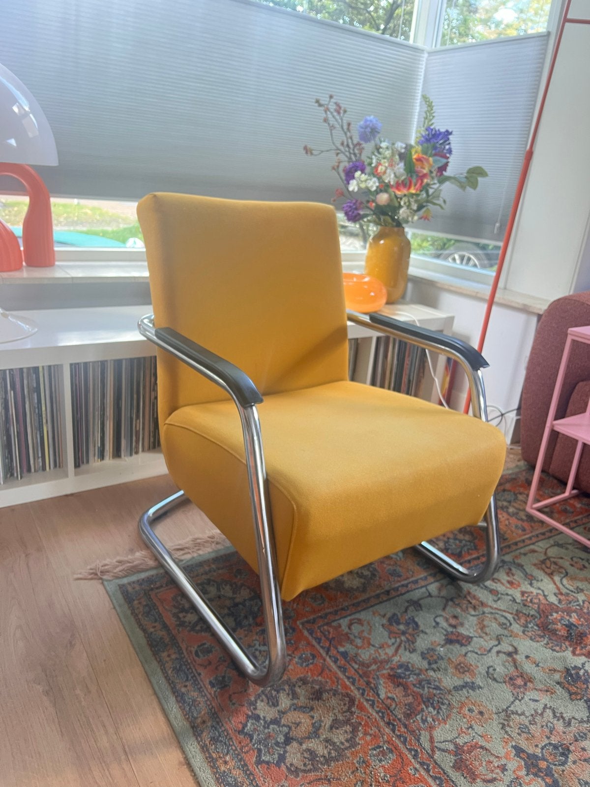 Vintage Retro Fauteuil - Geel met chromen buisframe, Ophalen, Gebruikt, Minder dan 75 cm, Retro vintage