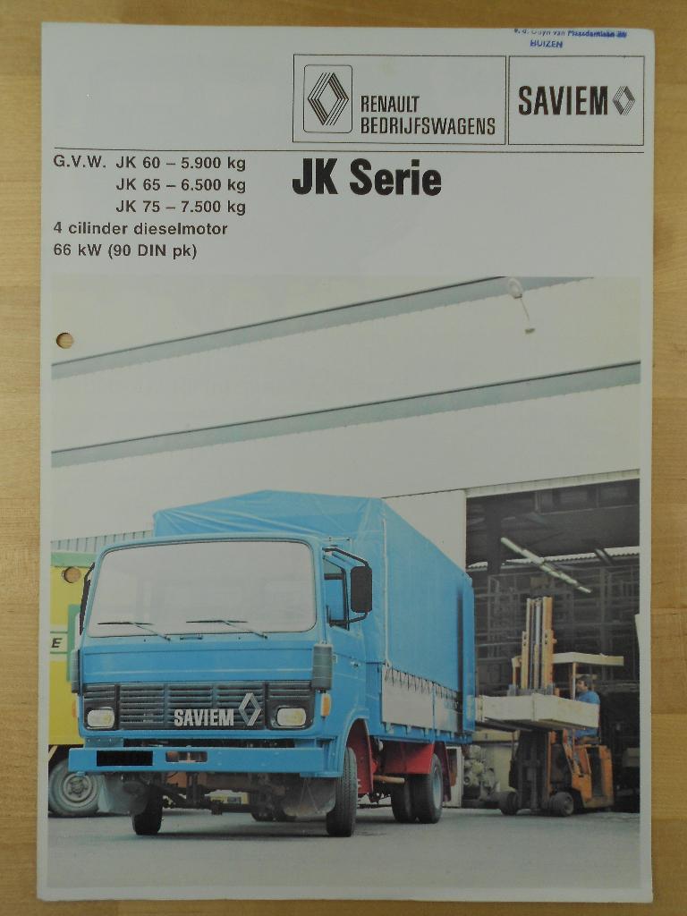 Saviem JK 1978 Brochure – JK60 JK65 JK75 Renault, Saviem, Ophalen of Verzenden, Zo goed als nieuw, Renault