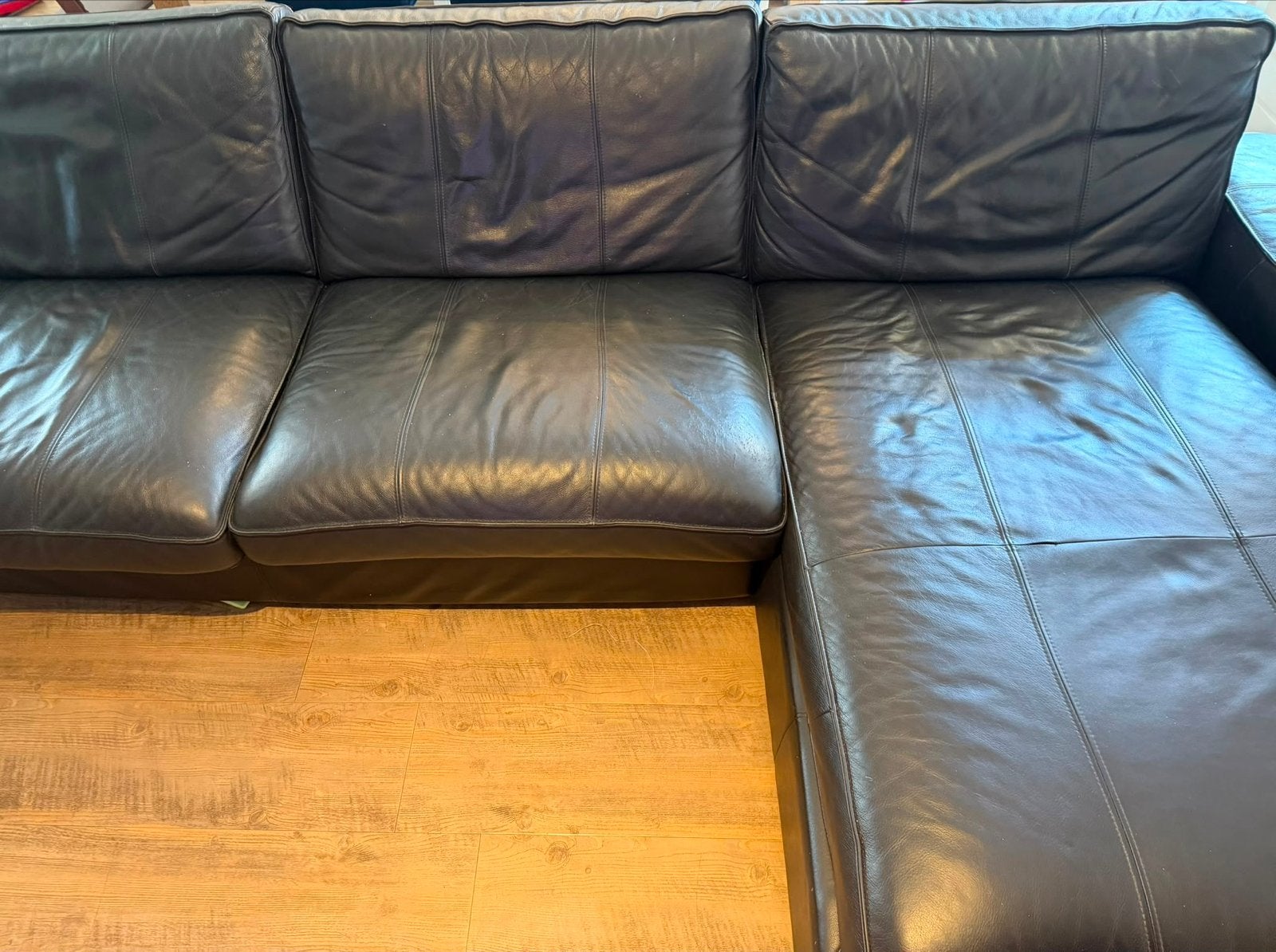 IKEA KIVIK hoekbank – zwart leer (4-zits met chaise longue), Huis en Inrichting, Ophalen, Gebruikt, Vierpersoons of meer, Leer