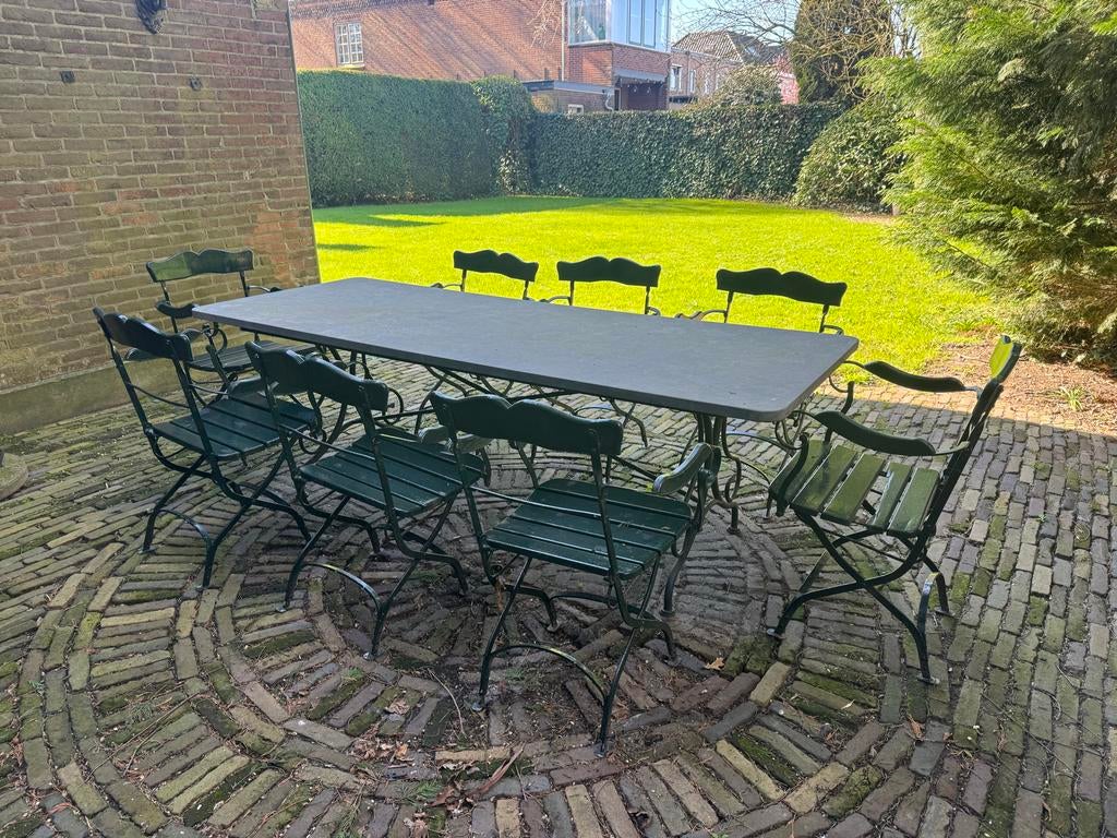 Klassiek tuinstel: Franse tuinstoelen & hardstenen tafel, Overige materialen, Gebruikt, Eettafel, Ophalen of Verzenden