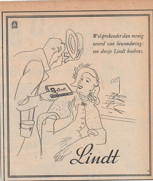 Retro reclame 1950 Lindt chocola een doosje bonbons, Verzenden, Overige typen