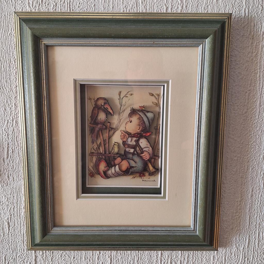 Vintage Hummel Schilderij 3D - Jongen met Vogel en Trompet, Ophalen of Verzenden