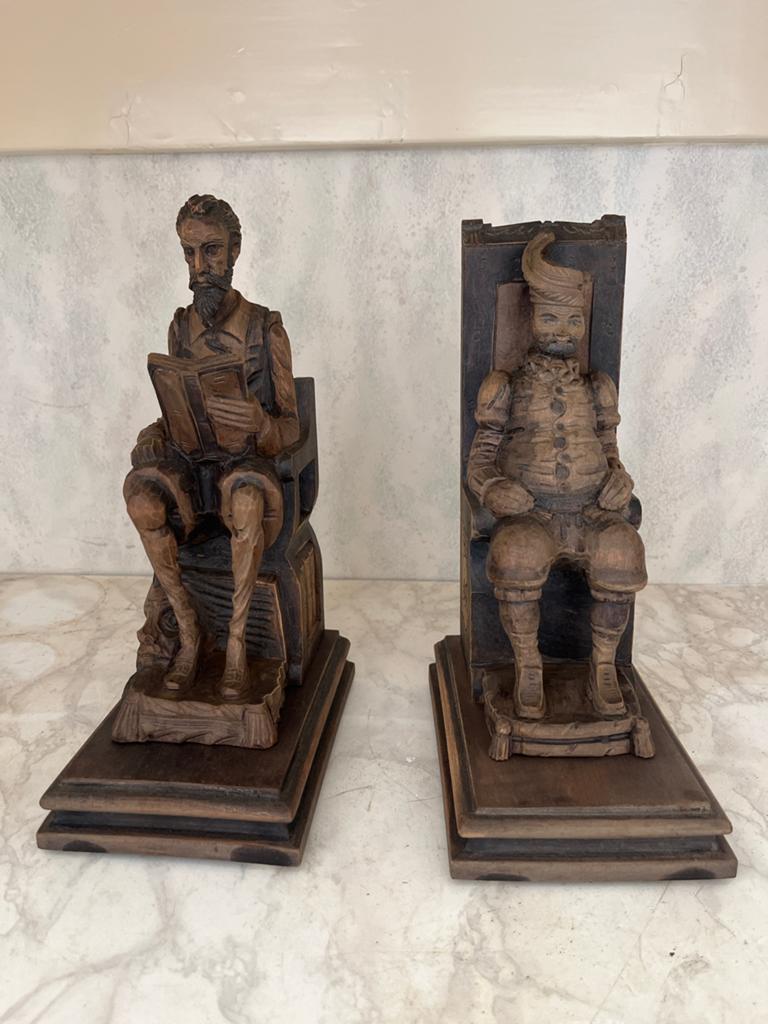 Set handgesneden houten boekensteunen.Don Quichot,S.Panza, Ophalen of Verzenden, Handgemaakt, 20 - 50 cm, Beeld