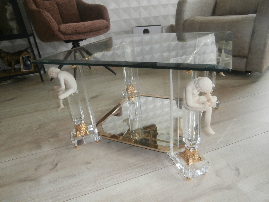Hollywood Regency Style Salontafel ,,  Met Glas en Beelden,,, Ophalen, 50 tot 100 cm, Vierkant, Glas
