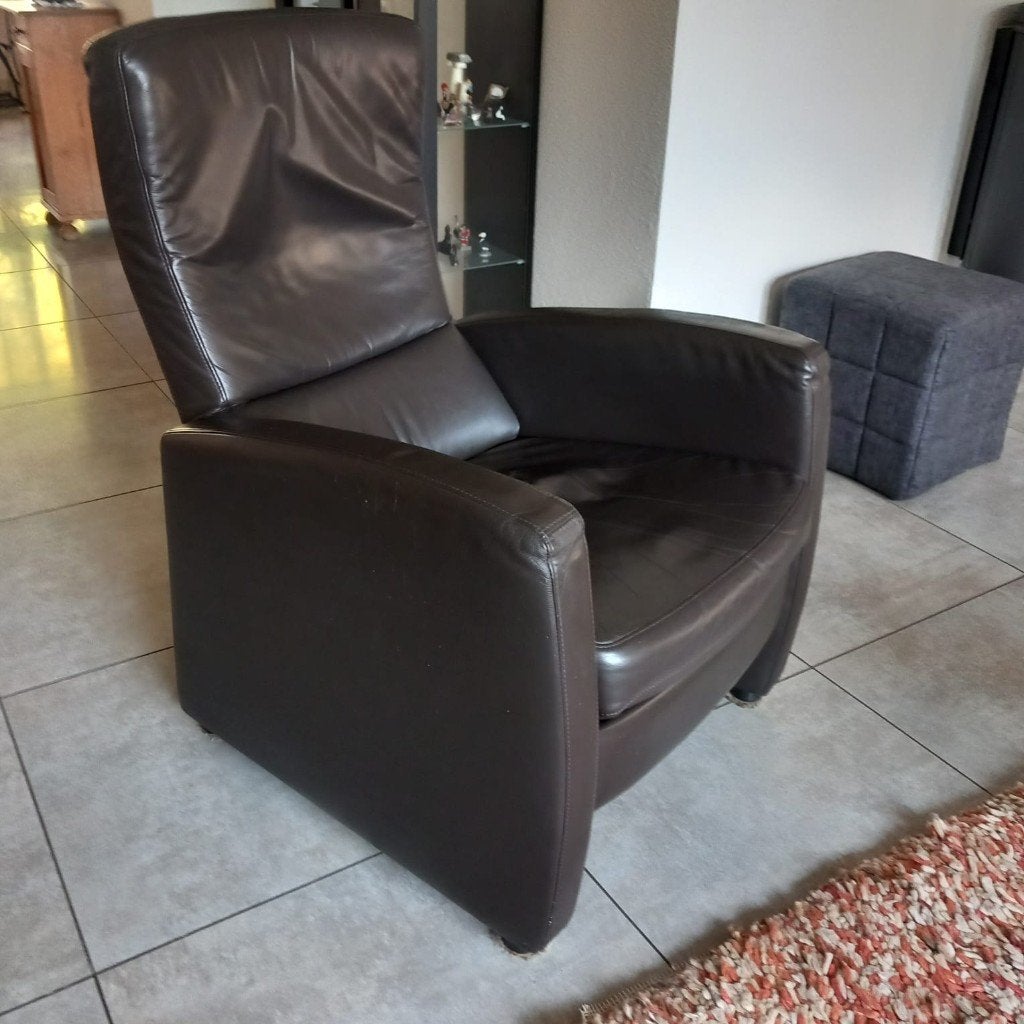 Design fauteuil, bruin leer, Ophalen, Gebruikt, Design, 50 tot 75 cm