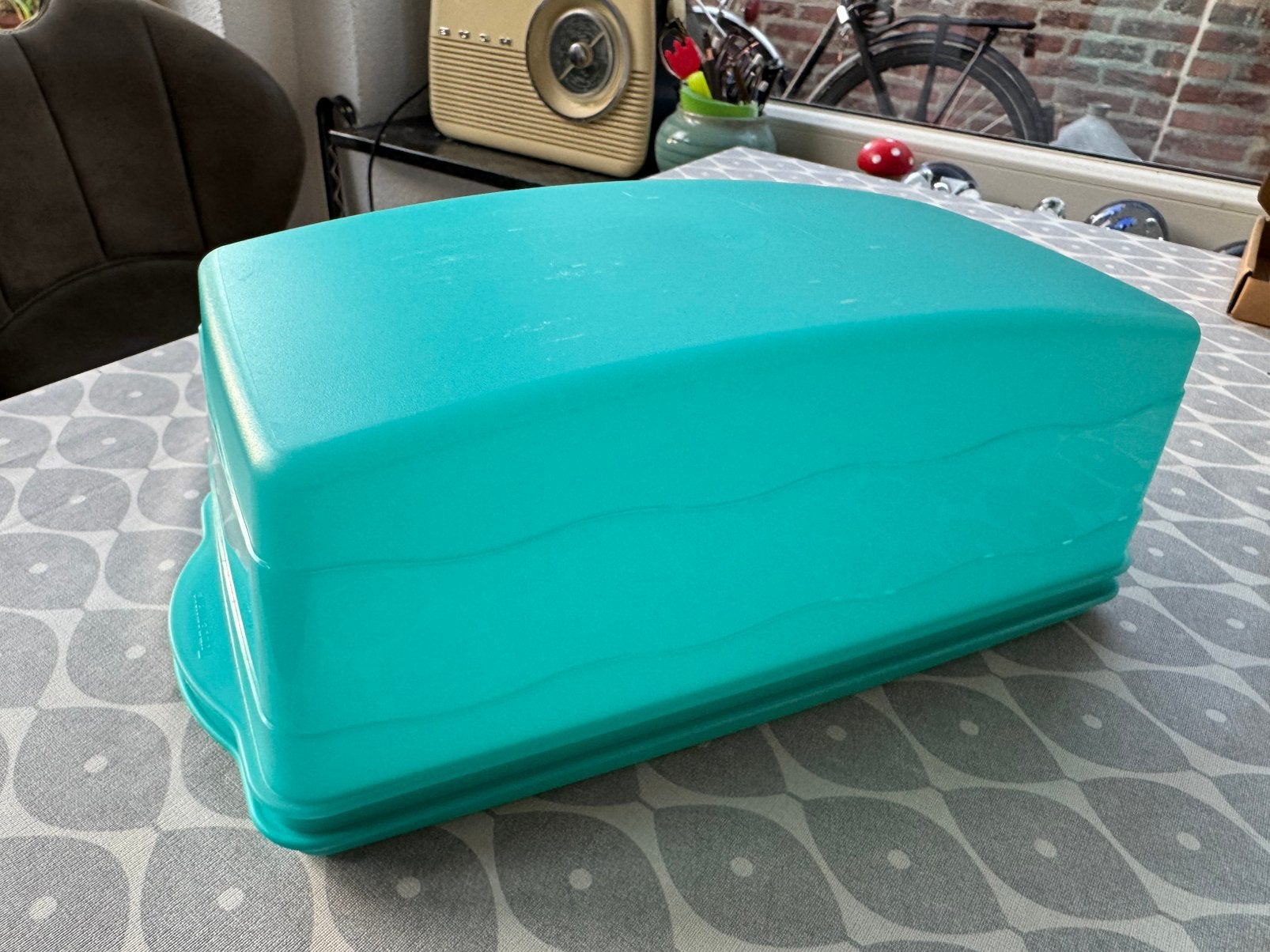 Tupperware cakedoos groen – turquoise, Gebruikt, Bewaardoos, Ophalen of Verzenden, Met deksel