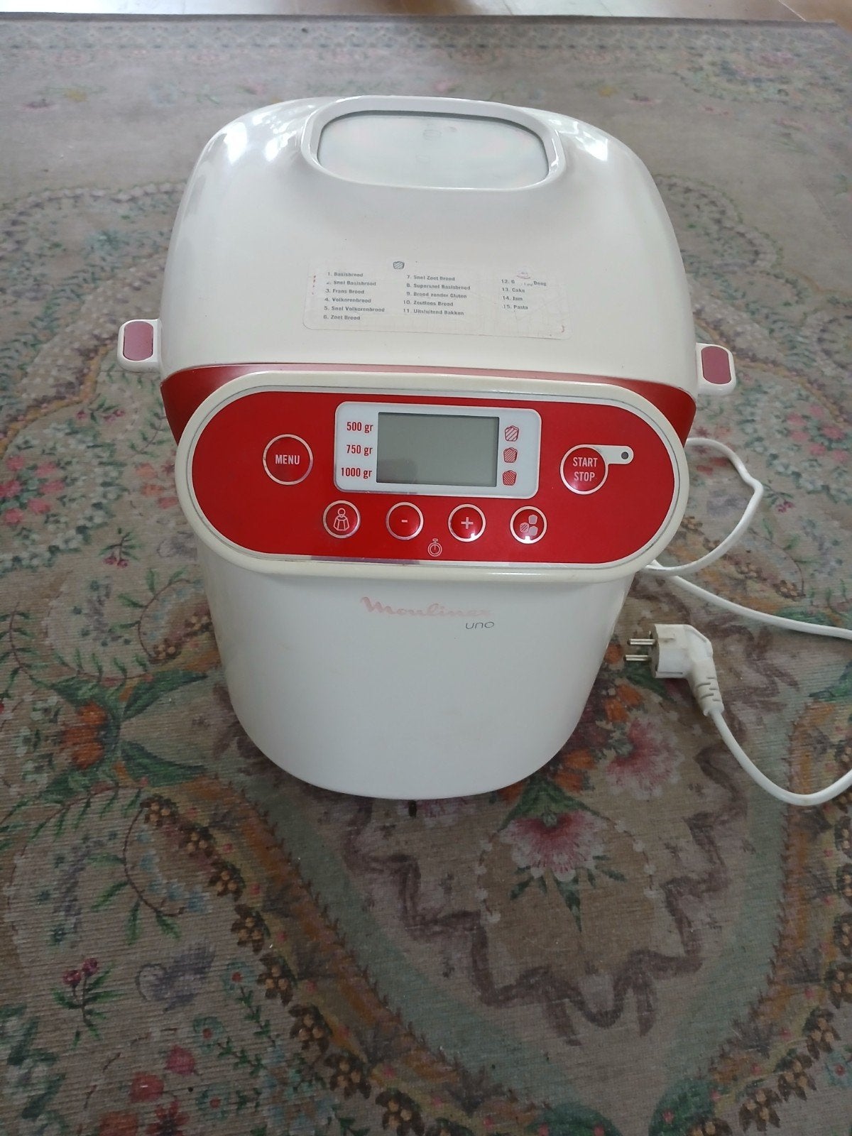 Moulinex Uno Broodbakmachine - Wit/Rood, 800 tot 1200 gram deeg, Ophalen, Met timer, Gebruikt