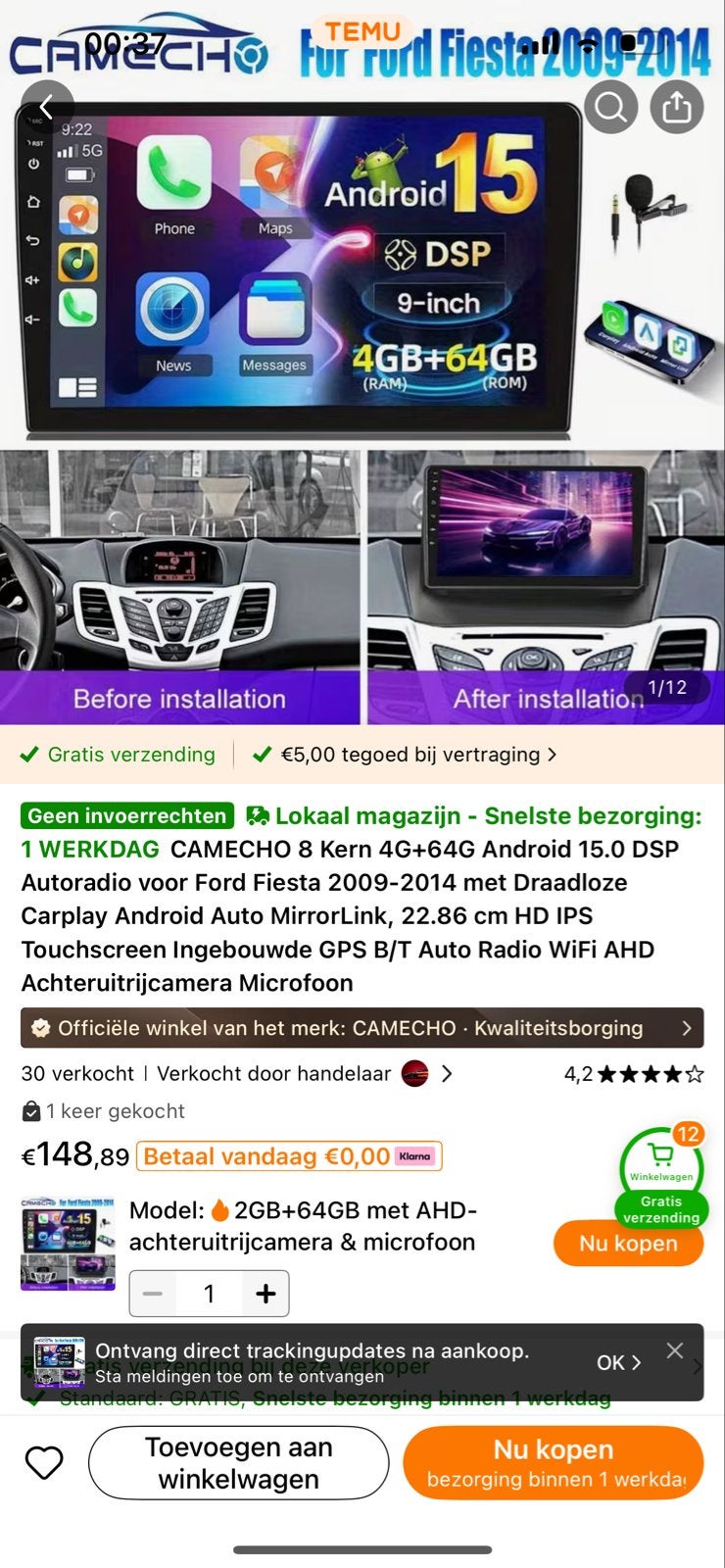 CAMECHO CarPlay Scherm Ford Fiesta 2009-2014 Nieuw, Auto diversen, Ophalen of Verzenden, Nieuw