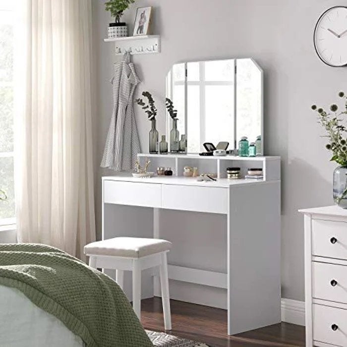 Witte kaptafel met spiegel en lades - Modern design, Huis en Inrichting, Tafels | Kaptafels, Ophalen, 100 tot 150 cm, 50 tot 100 cm