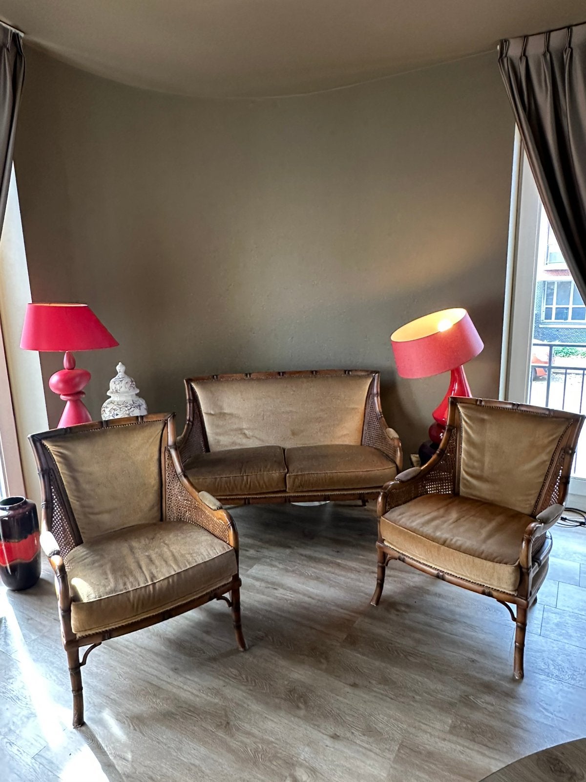 Vintage 3-delige zitset – 2 fauteuils + 2-zitsbank, Ophalen, Gebruikt, Hout