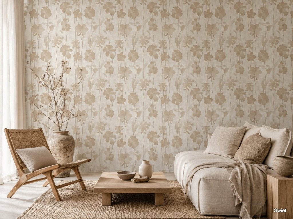 13931 Beige vintage  silhouet  bloemen bloemenbehang swiet, Ophalen of Verzenden, Beige