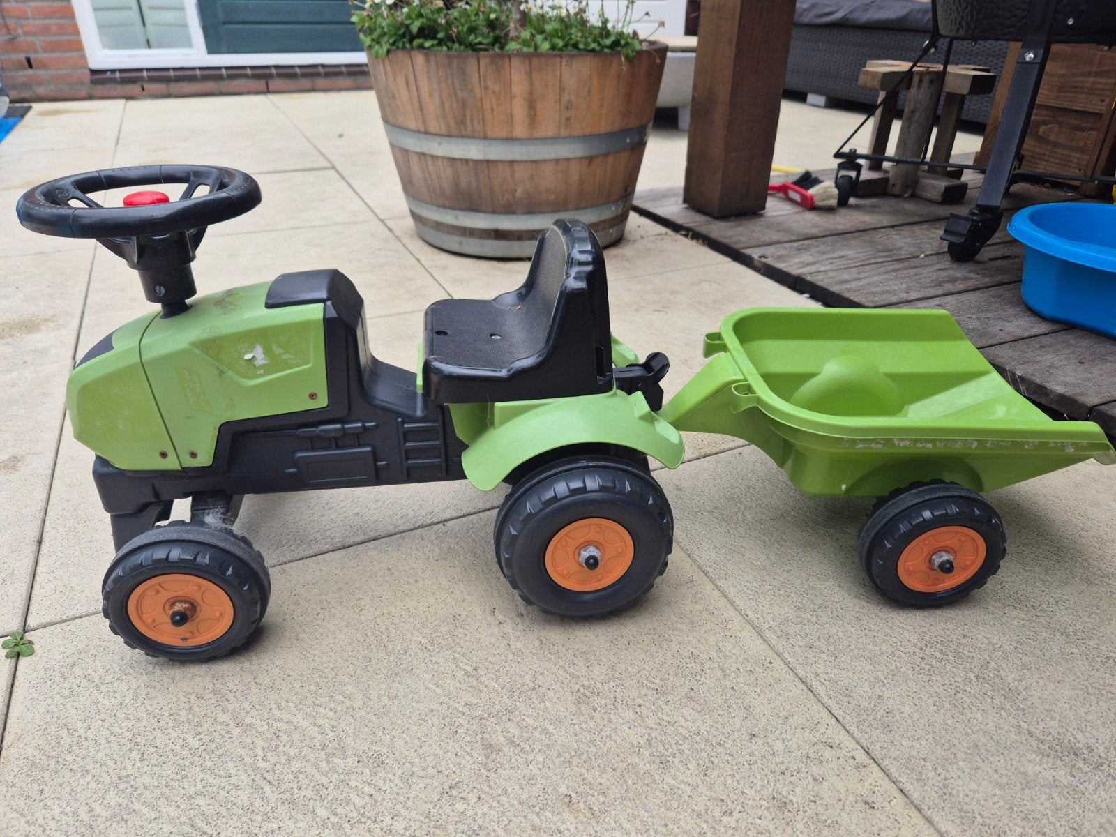 Groene kinder tractor met aanhanger, Ophalen, Gebruikt, Trapvoertuig