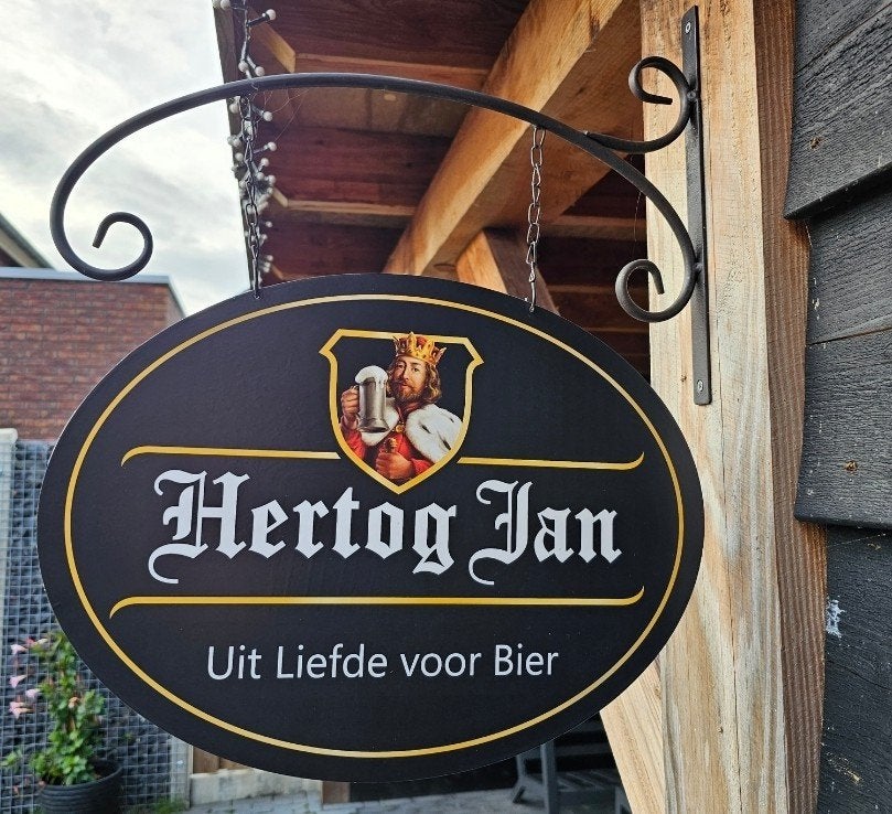 Dubbelzijdig HERTOG JAN UITHANGBORD (incl. beugel), Verzamelen, Biermerken, Ophalen of Verzenden, Nieuw, Reclamebord, Plaat of Schild