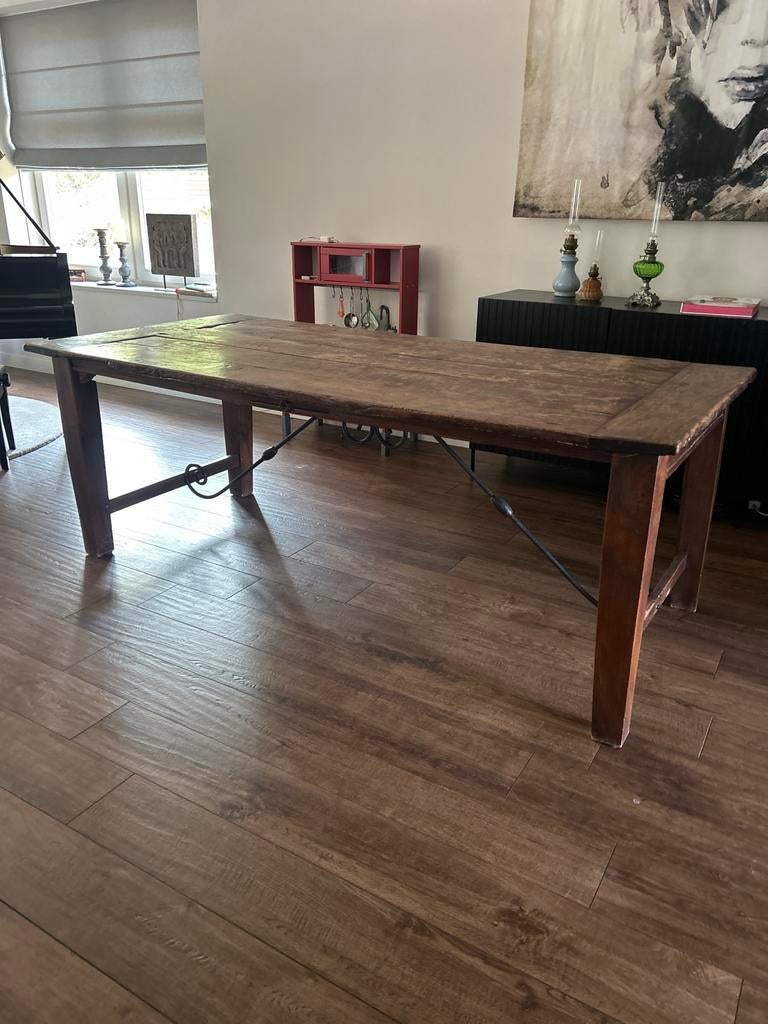 Robuuste landelijke eettafel 210x100 & smeedijzer onderstel, Ophalen