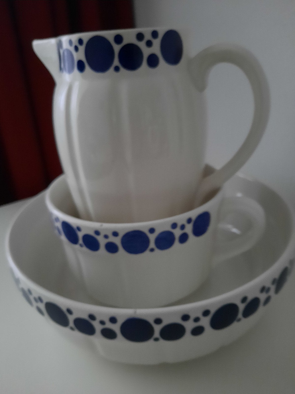 Vintage Lampetset met blauwe stippen, Antiek en Kunst, Ophalen