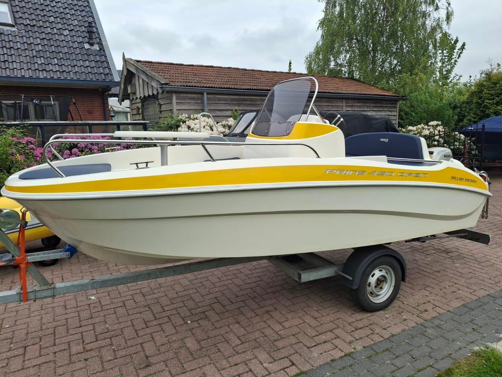 Prins 470 Yellow Edition met 20pk honda powertri en trailer, Watersport en Boten, Ophalen, 10 tot 30 pk, Zo goed als nieuw, 3 tot 6 meter