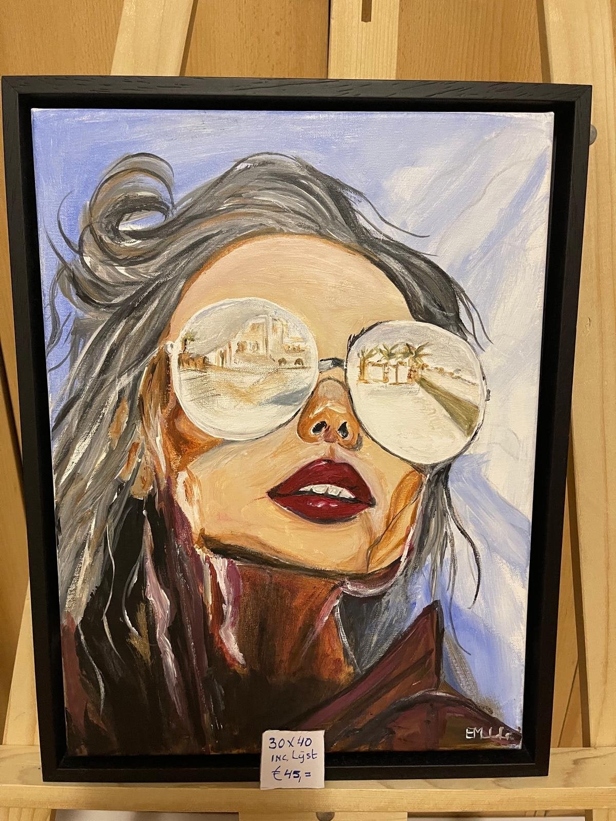 Modern schilderij: Vrouw met zonnebril en reflectie, Ophalen, Ingelijst, Olieverf, Overige materialen