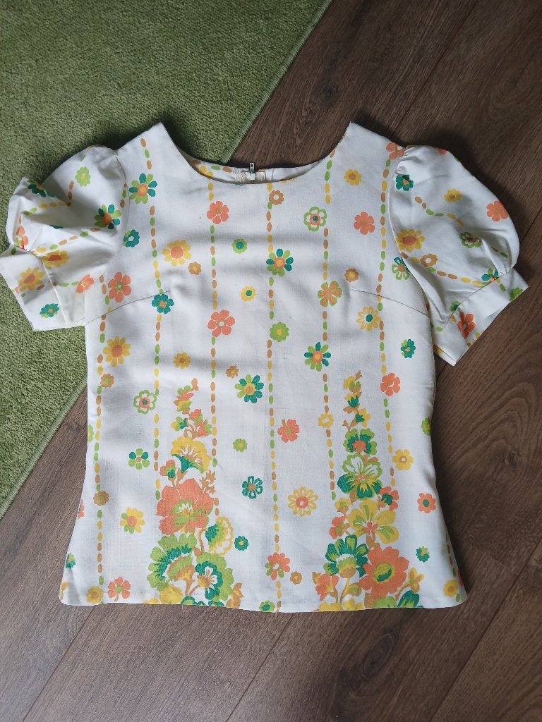 Vintage jaren 70 wit topje met bloemen, pofmouwtjes M, Maat 38/40 (M), Verzenden, Wit, Vintage