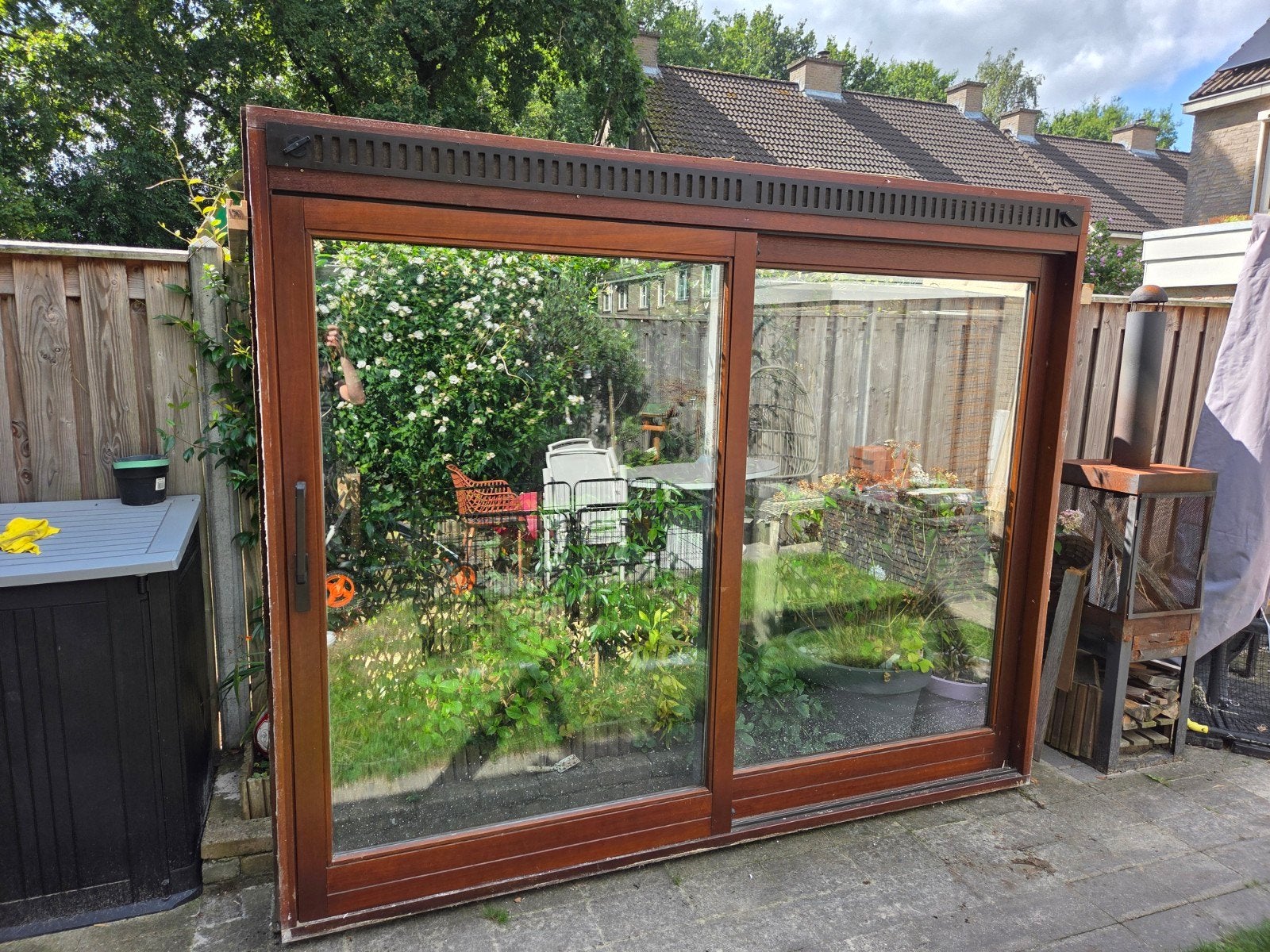 Houten schuifpui met glas 226 x 274 cm, Ophalen, Gebruikt, 225 cm of meer, 150 tot 225 cm
