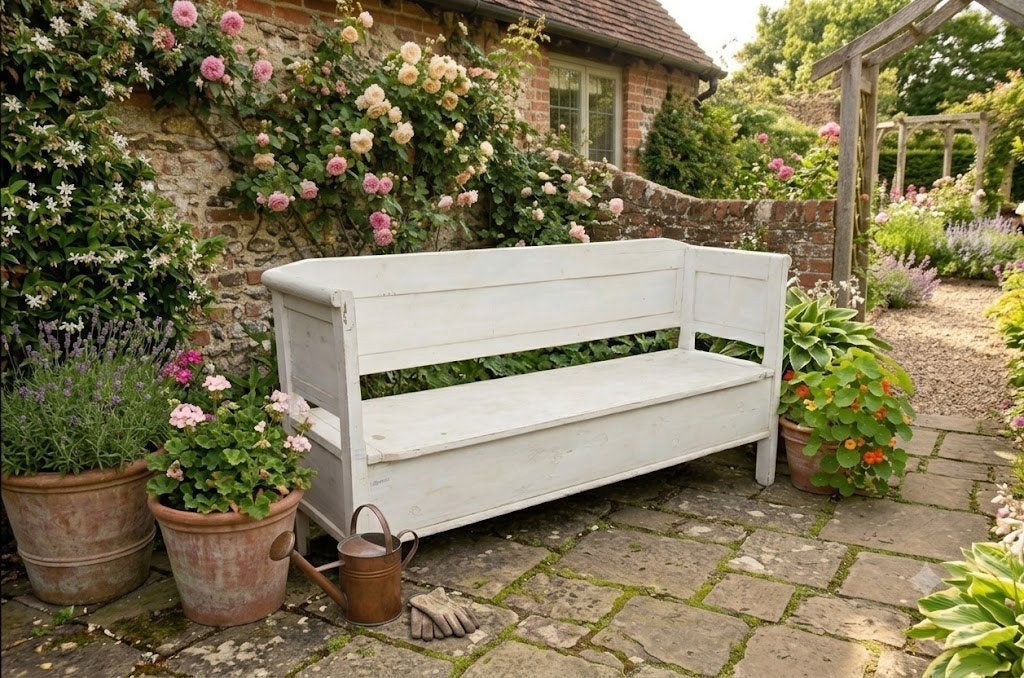 Gespoten oud witte klepbank 183 cm, Tuin en Terras, Ophalen of Verzenden, Nieuw