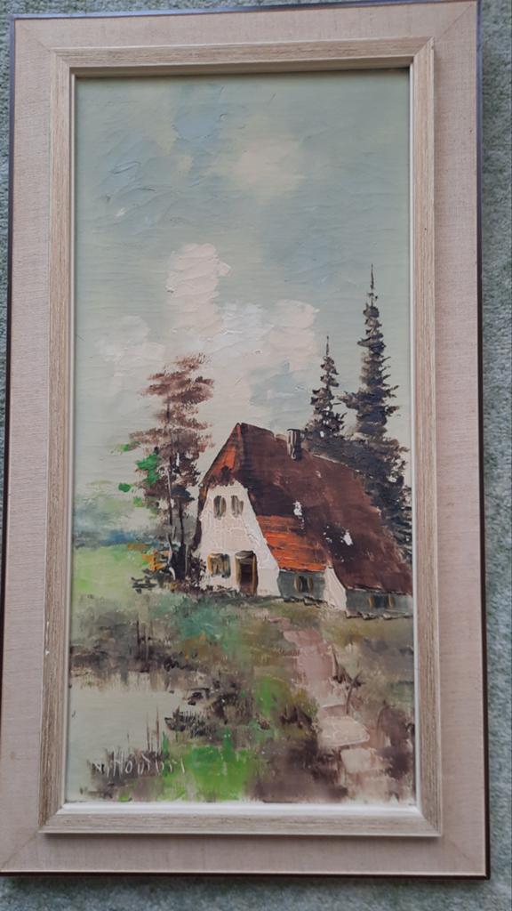 Olieverfschilderij: Huisje in landschap, gesigneerd, Ophalen of Verzenden